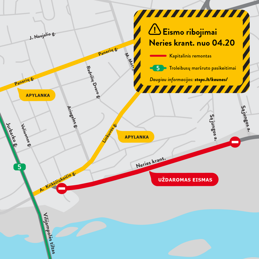 Prasideda Neries krantinės kapitalinis remontas: laikinai keičiami viešojo transporto maršrutai