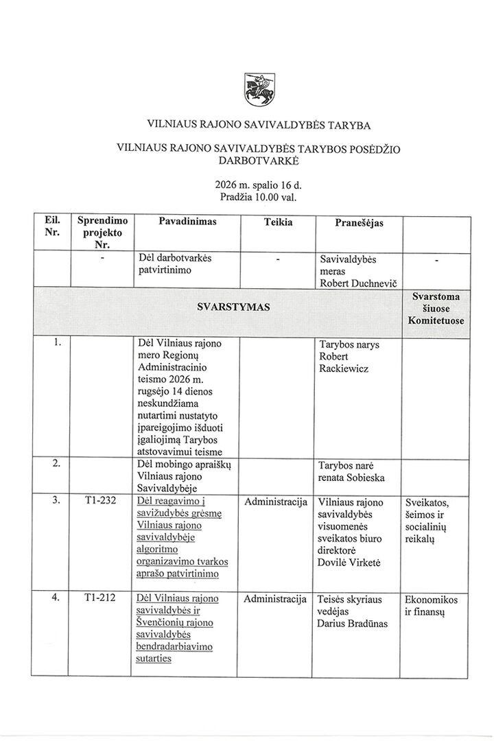 Spalio 16 d. – LLRA-KŠS inicijuotas Vilniaus rajono savivaldybės tarybos posėdis. Darbotvarkėje – 62 klausimai (Atnaujinta)